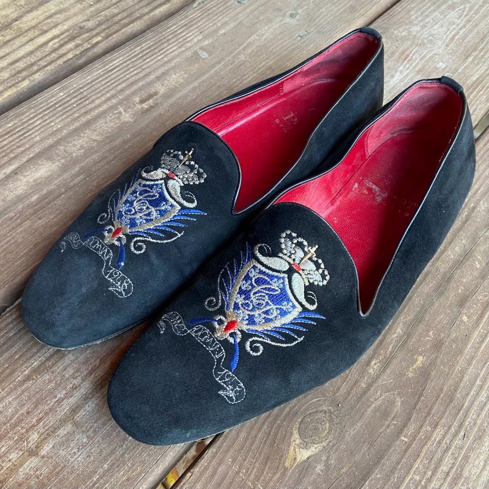 Cesare Paciotti Black Suede Embroidered Crest Smoking Slippers Loafers Men's 8